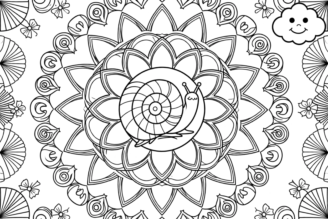 Insects & Bugs: The design turns a snail with a tightly spiraled shell into a kaleidoscope-style composition anchored by a layered rosette mandala with overlapping round petals. The imagery is broken into repeating fragments that spin outward from the center in a kaleidoscope-style circle of matching wedges. Decorative details fill the surrounding space, including loops shaped like small bows, tightly coiled spiral shells, and fan-shaped feather clusters woven throughout the background. A playful extra touch completes the page: a small round cloud with a friendly face tucked into a corner.
