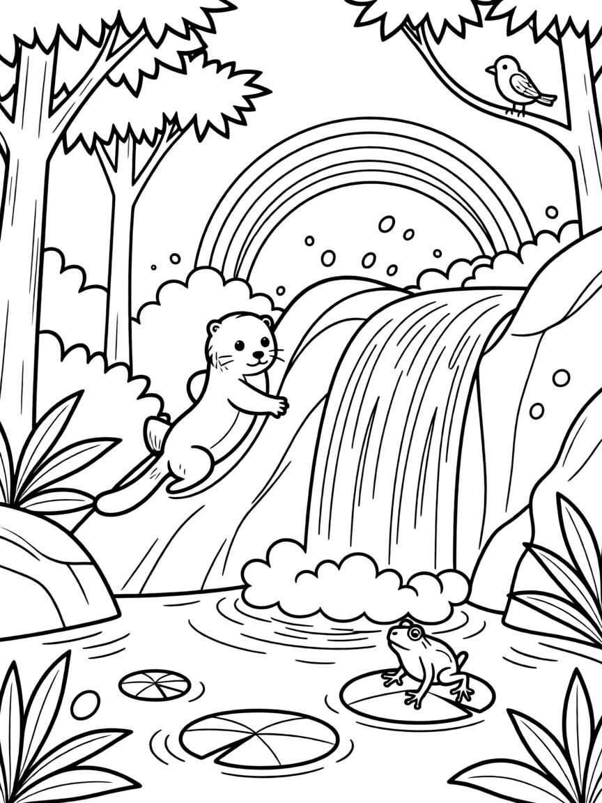 [Waterfalls] A curious otter slides down a smooth rock beside a cascading waterfall into the pool below. A tiny frog hops across lily pads floating near the edge of the misty pool. A rainbow arcs through the mist above the pool, framed by tall trees and jagged rocks. A cool spray drifts through the warm jungle air as birds call from the treetops.