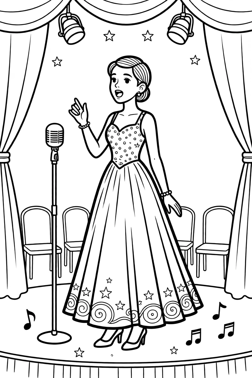 An opera singer belts a big note on stage in a sparkling gown.
