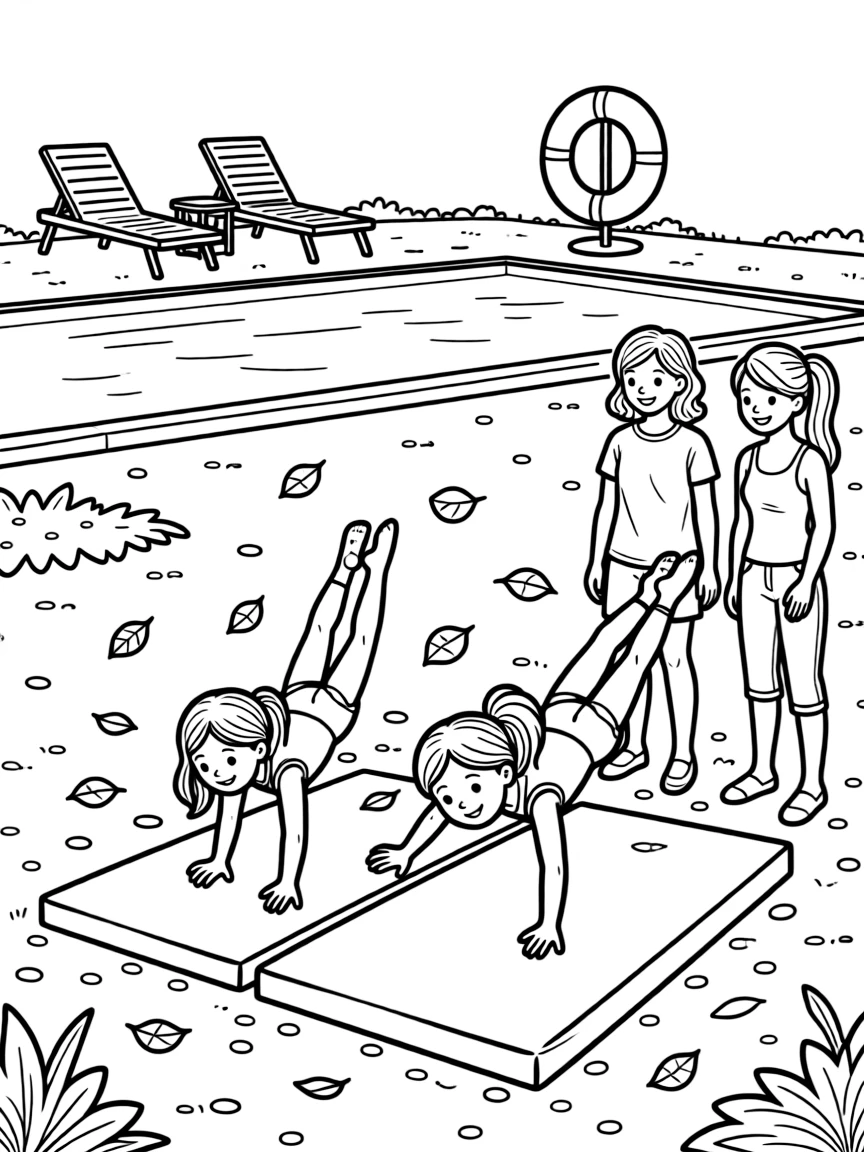Twin sisters tumbling on gymnastics mats with two moms at the community pool as fallen leaves swirl in the breeze.