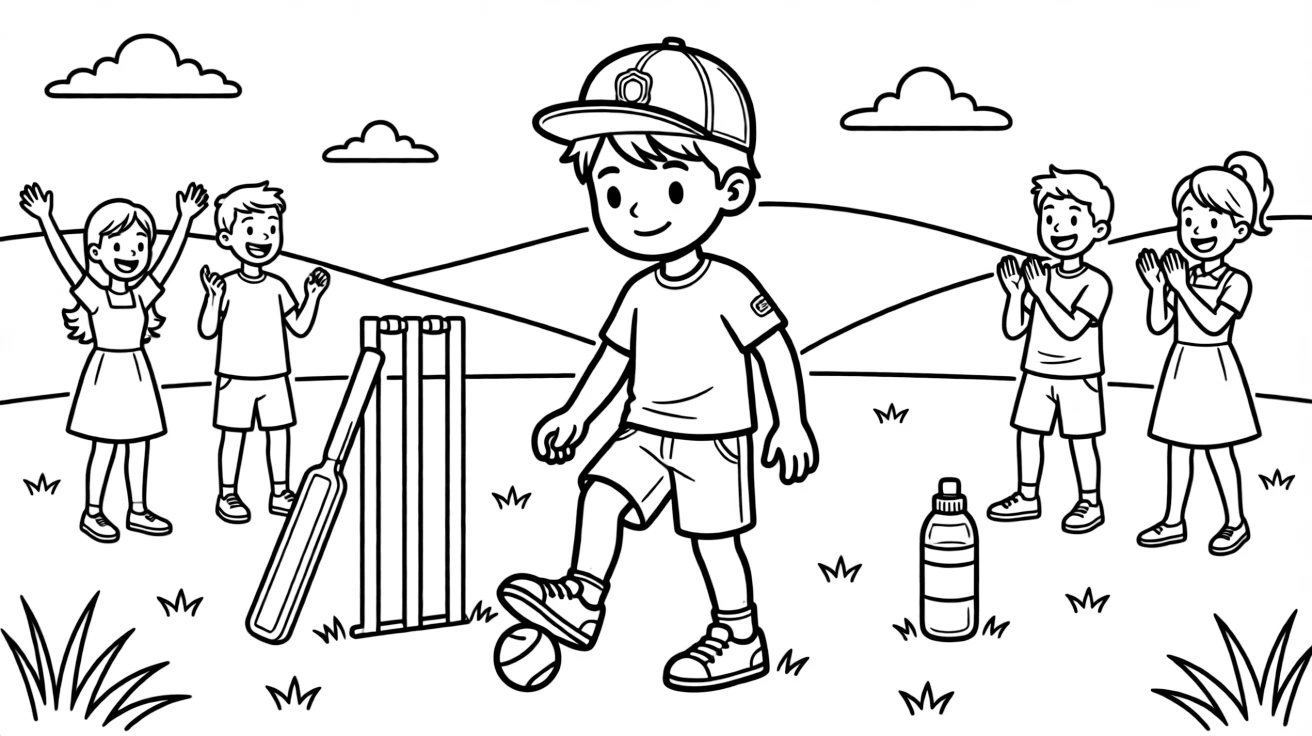 A confident boy wearing a bright cap, tapping a ball gently through a tight double wicket during a family match.