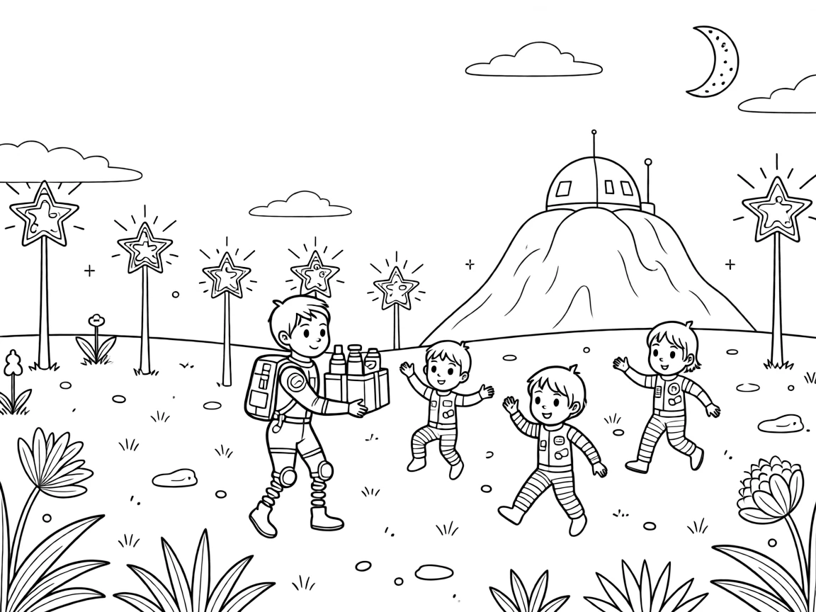 In a meadow on a low-gravity moon where kids bounce instead of walk, Sprocket, an alien athlete with spring-coiled legs carrying supplies to a research base at the top of a floating mountain, while a row of streetlights shaped like glowing stars adds to the excitement.