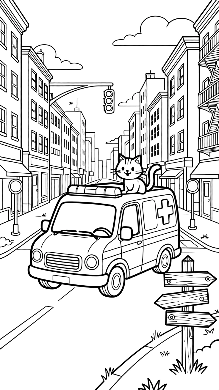 A big, friendly an ambulance with flashing lights rushing to help rolls through a bustling city street lined with tall buildings and traffic lights, with a curious cat perched on the hood enjoying the ride and an old wooden signpost pointing to faraway towns adding a playful touch.