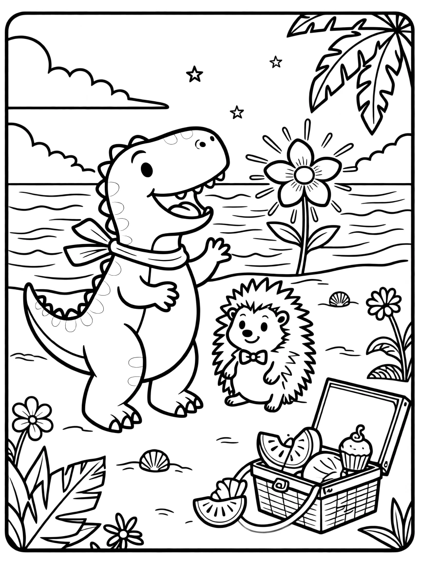 A t-rex hatchling singing a cheerful tune with a hedgehog on a tropical beach at sunset, near a magical glowing flower, with a picnic basket full of treats nearby.