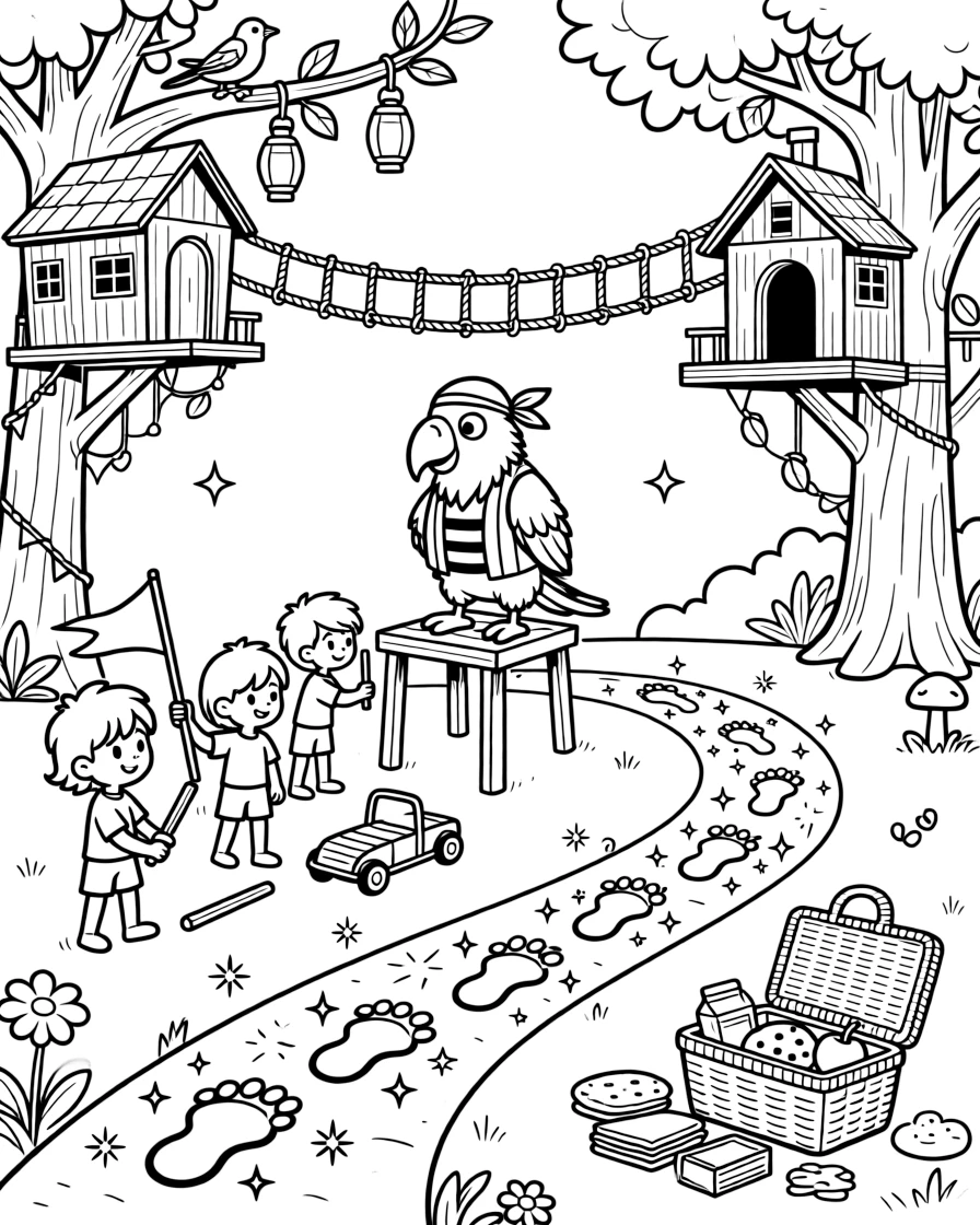 Inside a treehouse village connected by rope bridges, a grumpy-but-lovable parrot pirate first mate is busy training for a big race with a team of tiny helpers, cheered on by a trail of glowing footprints and a picnic basket overflowing with treats. Sparkles and stars fill the air with magic.