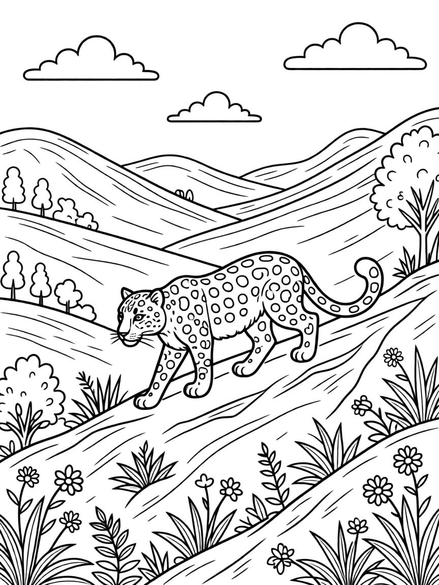 A coloring page of a gentle nature scene in Pakistan featuring a snow leopard prowling along a rocky mountain ridge, surrounded by plants, rolling hills, and a bright sky.