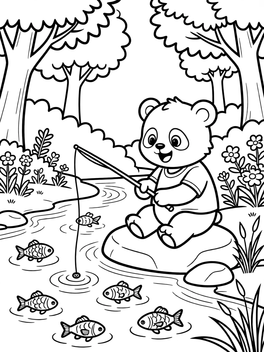 an excited a friendly panda cub learns to count fish while fishing beside a quiet forest stream.