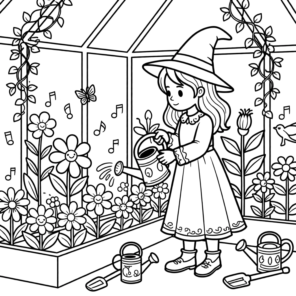 A young witch tends a greenhouse of glowing, singing flowers that chime softly whenever she waters them.