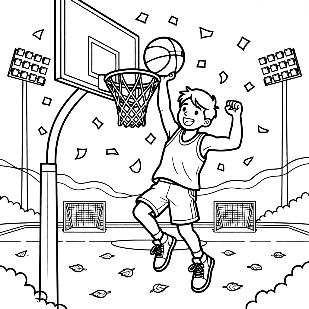 [Sports] a basketball player mid-jump dunking the ball through the hoop on a football field under stadium lights, cheering with both fists raised, while confetti flies through the air after a big win fills the surrounding area. A goal or hoop stands ready in the frame. Set on a crisp autumn afternoon, with heat waves shimmering in the distance, the page bursts with adventure and imagination.