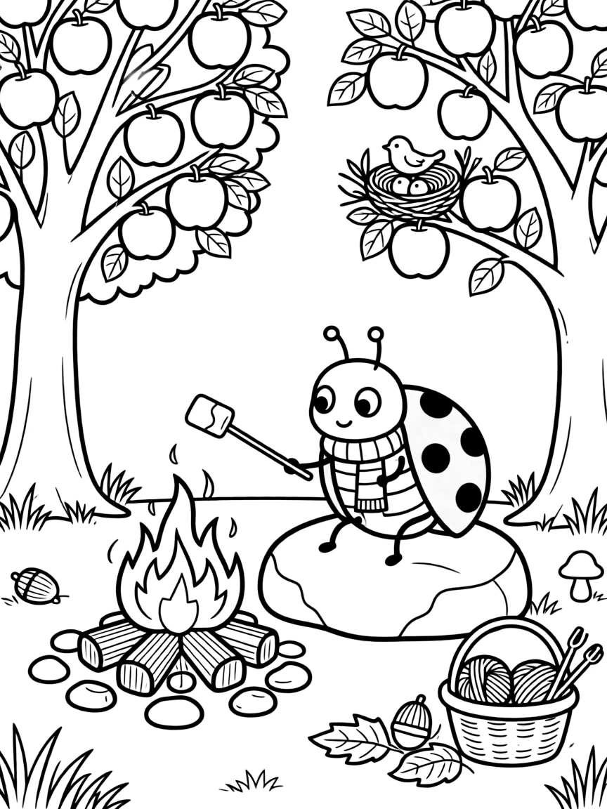 A bright orange ladybug is roasting marshmallows over a crackling campfire at an apple orchard during the autumn harvest. In the background, a tiny bird's nest tucked in a nearby branch and a basket of yarn and knitting needles nearby make the scene feel magical.