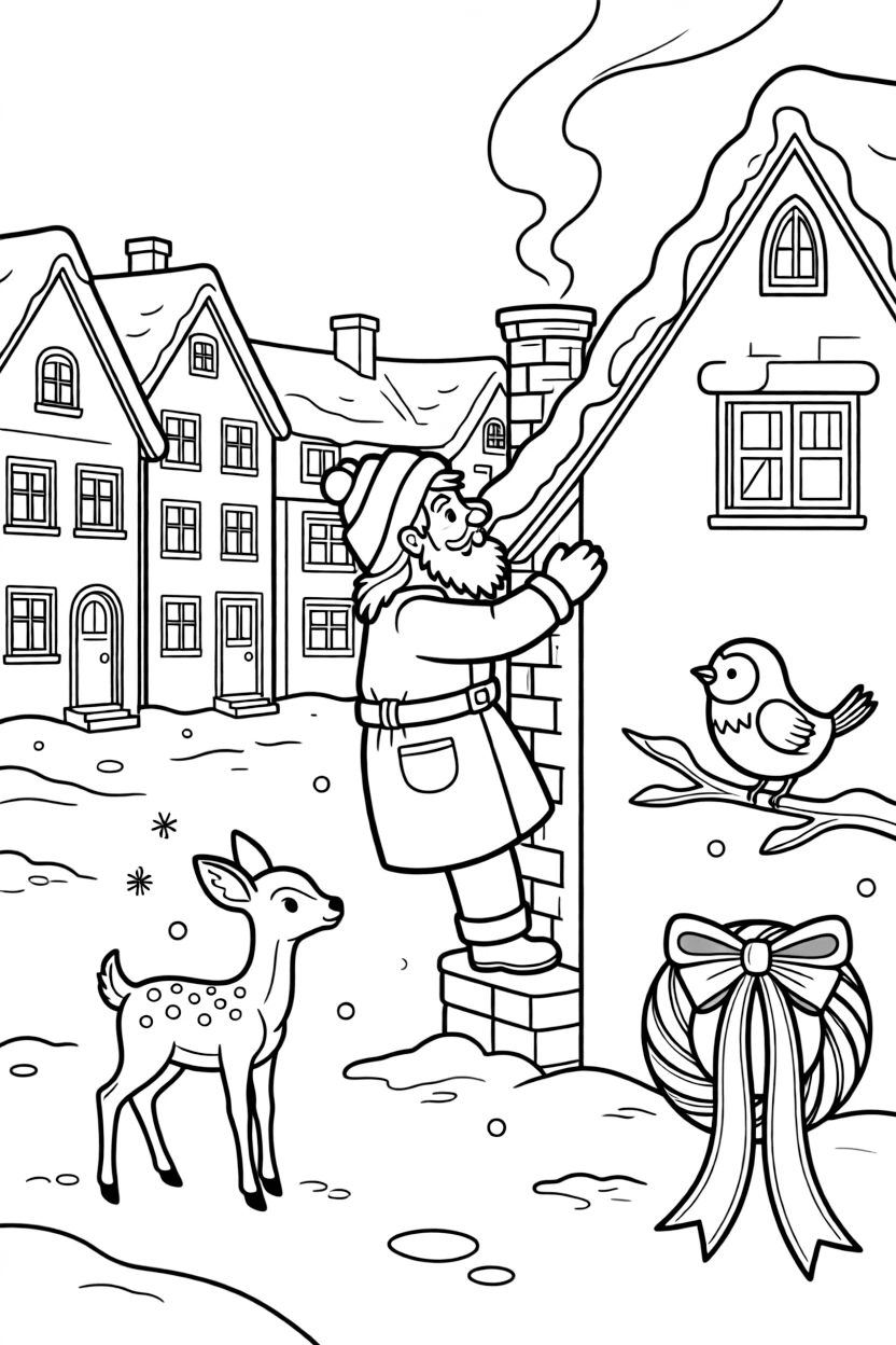 A wide view on a snow-covered village square, featuring a jolly gift-giver climbing down a chimney, a spotted fawn, and a robin perched on a snowy branch, with a wreath tied with a red ribbon nearby.