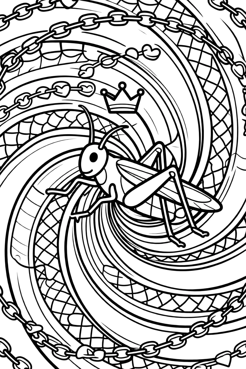 Insects & Bugs: The main subject is a cheerful cricket mid-hop with long back legs, drawn as the focal point of a shell-spiral mandala coiling outward in smooth turns. It is centered on the page, anchoring a design that expands outward in smooth, even waves. Decorative details fill the surrounding space, including a chain of linked heart shapes, overlapping fish-scale textures, and interlocking circle chains woven throughout the background. A playful extra touch completes the page: a small crown resting just above the center of the design.