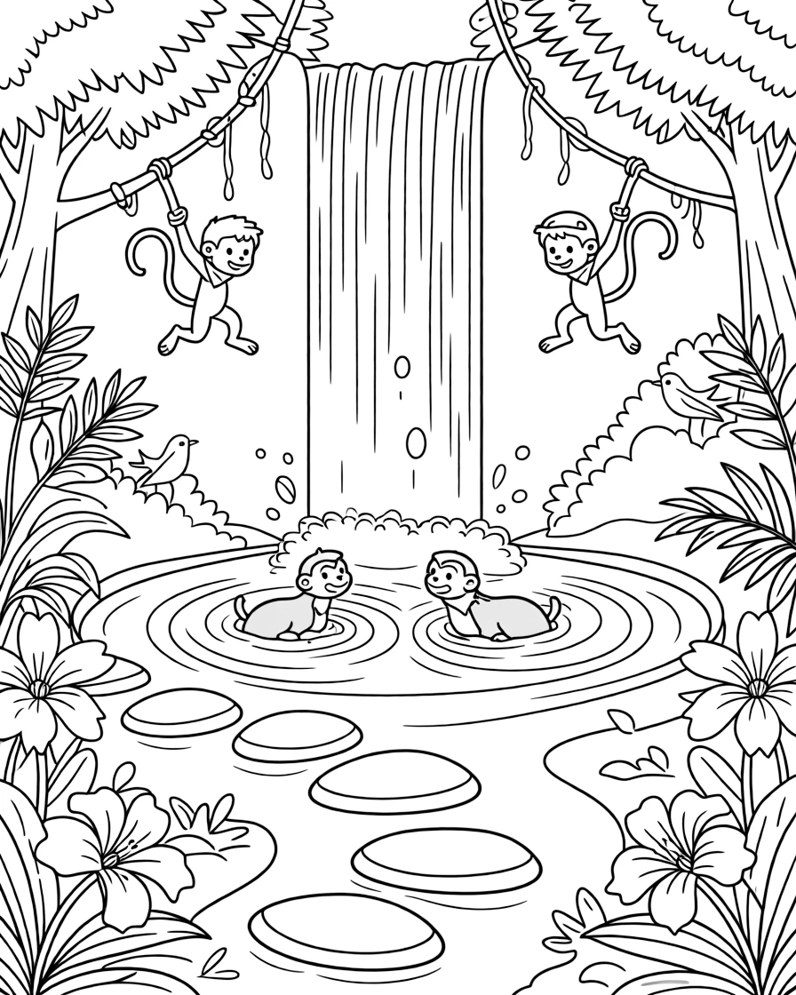 [Waterfalls] A group of monkeys swing from vines near a tall waterfall crashing into a turquoise pool. A family of otters plays in the swirling water at the base of the falls. Smooth stepping stones cross the pool below, leading toward a path lined with tropical flowers. A cool spray drifts through the warm jungle air as birds call from the treetops.