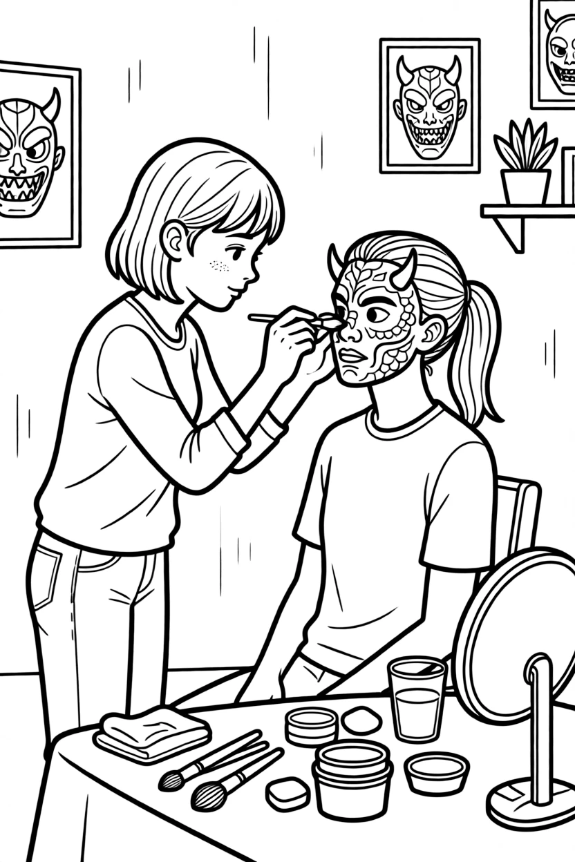 A special effects artist applies fake monster makeup to an actor's face.