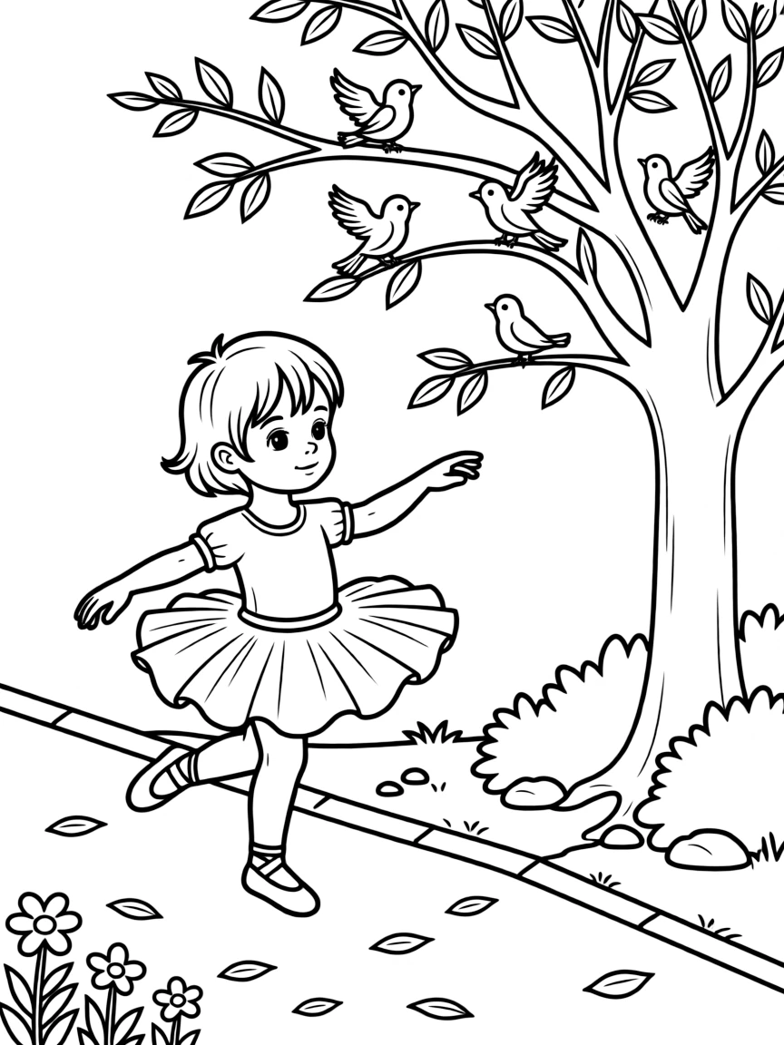 A shy toddler dancing ballet alone on the sidewalk, deeply focused, as birds chirp in a nearby tree.