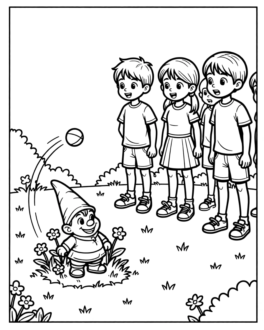 A group of classmates, watching a ball curve around a garden gnome obstacle on the lawn.