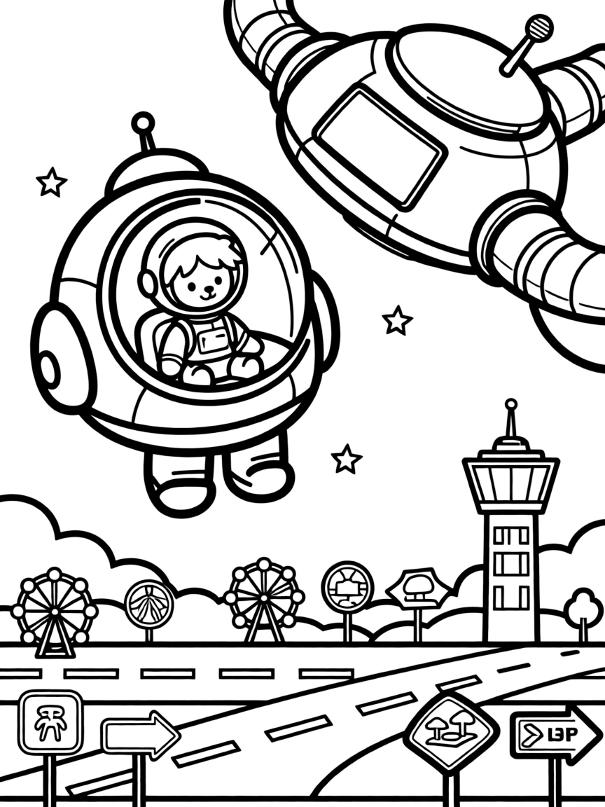 The scene captures a round astronaut capsule floating near a space station in the middle of a busy airport runway with a control tower in the distance, with a teddy bear buckled safely into the passenger seat nearby and road signs pointing toward fun destinations sprinkled around for extra fun.