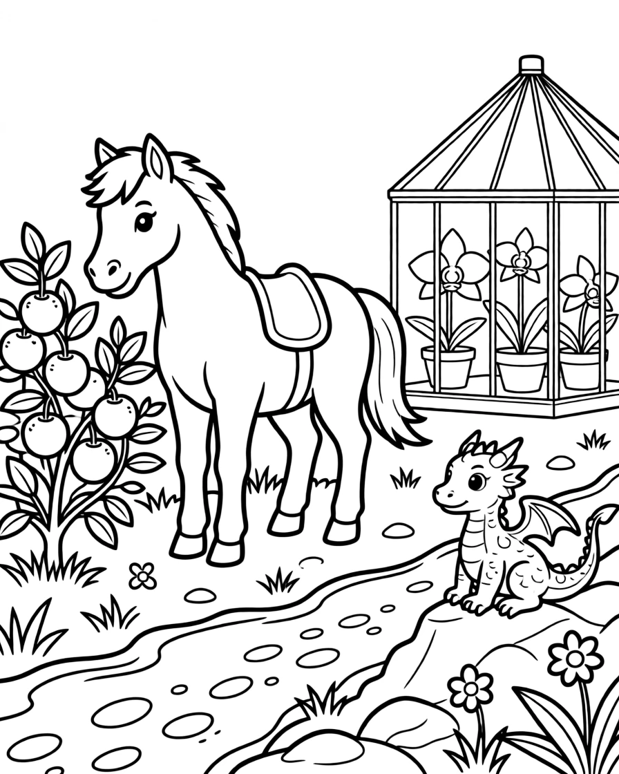 A foal harvesting ripe fruit alongside a baby dragon on a rocky mountain trail, near a orchid greenhouse, with a trail of tiny footprints in the mud.