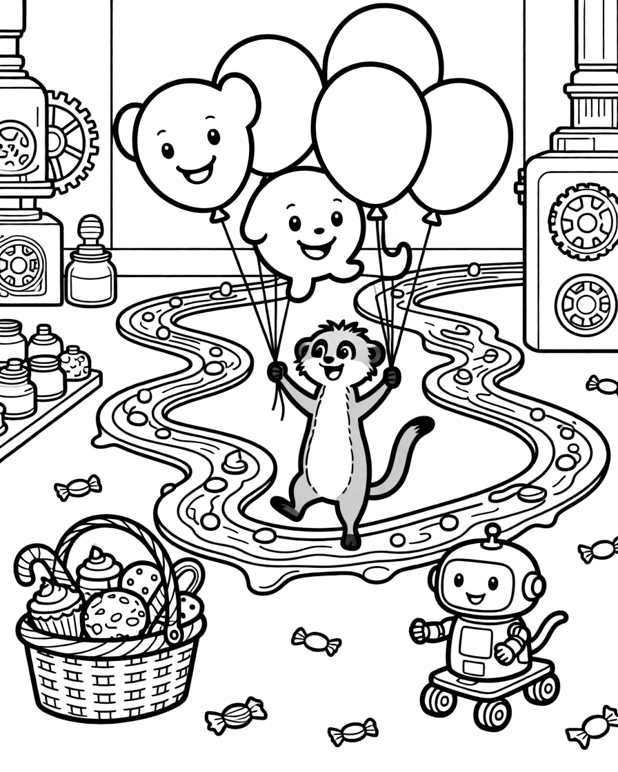 Inside a candy factory with rivers of chocolate, a wobbly meerkat lookout is busy leading a parade of floating balloon animals, cheered on by a picnic basket overflowing with treats and a tiny robot rolling along on training wheels. The whole crew is grinning from ear to ear.