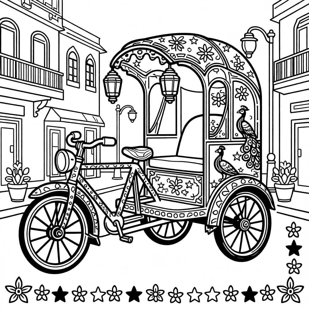 A coloring page featuring a colorful truck-art painted rickshaw parked on a city street from Pakistan, framed by a simple border of flowers, stars, or geometric patterns from the region.