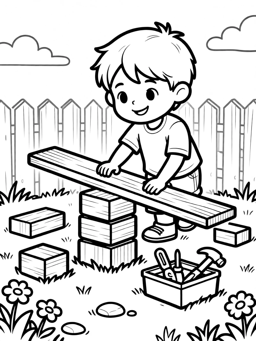 a bright-eyed little boy builds a see-saw out of a wooden plank and a stack of blocks to test balance.