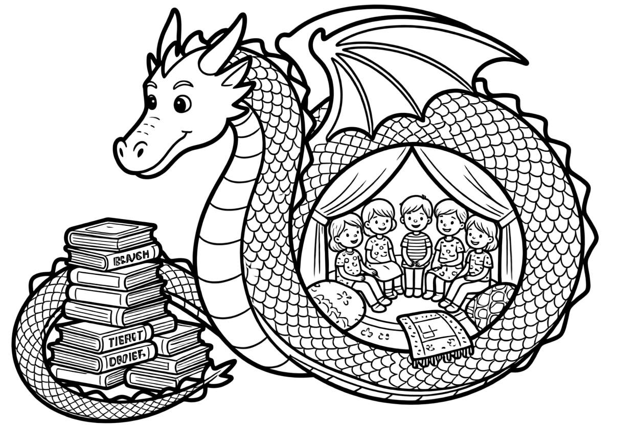 A dragon curls into a spiral around a treasure of storybooks, its tail forming a cozy reading nook for village children.