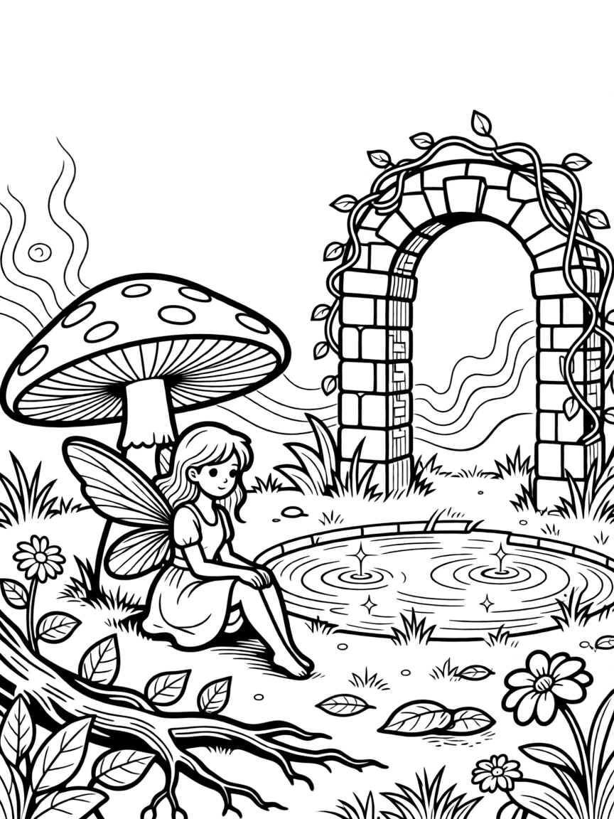 [Fantasy Creatures] A dynamic scene shows a tiny woodland fairy resting beside a glowing mushroom ring beside a sparkling magical pond, looking determined and brave. Close by, an old stone archway stands nearby. Twisting vines and roots add texture. The moment unfolds in the late afternoon, with heat waves shimmering in the distance, filled with energetic detail perfect for a young colorist.