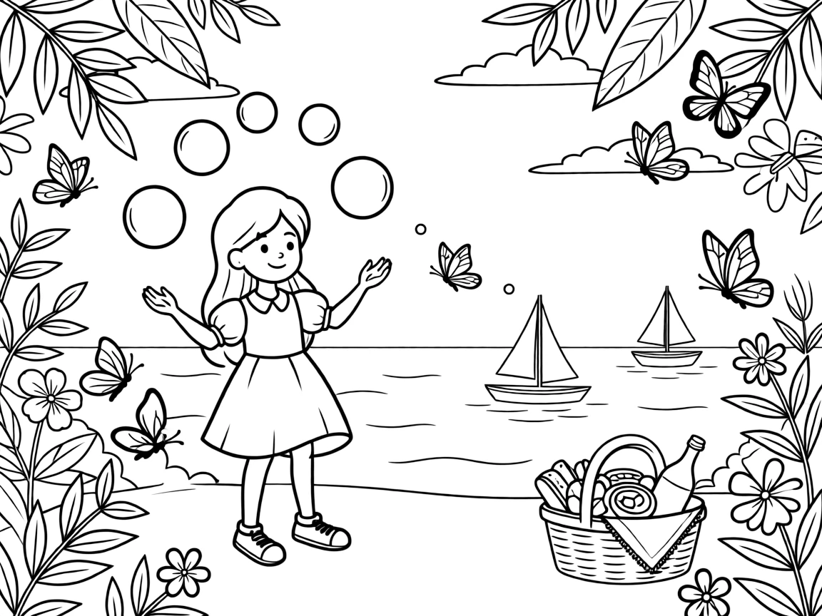 A girl juggler tossing soft colorful balls is chasing fireflies just as the sky turns purple in a butterfly conservatory full of fluttering wings. Just beyond, little sailboats bobbing on the horizon and a picnic basket overflowing with treats make the setting feel extra special.