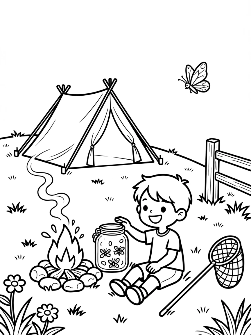 A tent glowing softly beside a crackling campfire on a grassy hill perfect for flying kites, with a grinning child playing close by amid a jar full of fireflies and a butterfly net leaning on a fence.