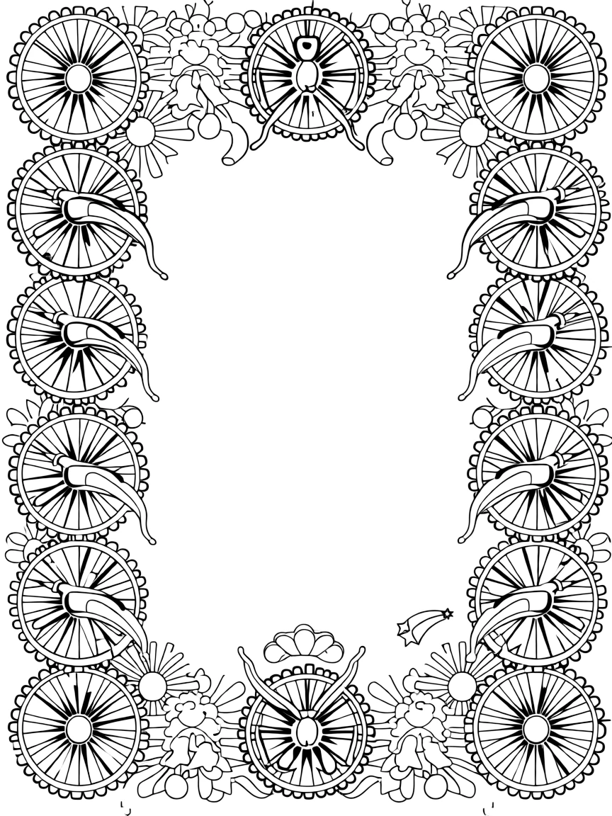 Insects & Bugs: The page centers on a repeating motif of a cheerful cricket mid-hop with long back legs, built around a gear-wheel mandala with even notches around the rim. The motif is lined up along the top and bottom edges, mirrored by a matching row along the left and right sides. Decorative details fill the surrounding space, including rays fanning out like a small sunburst, clusters of tiny bells, and layered leaf clusters woven throughout the background. A playful extra touch completes the page: a small cluster of shooting stars tucked into one corner.