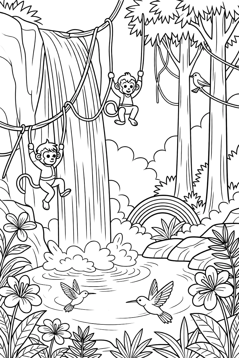 [Waterfalls] A group of monkeys swing from vines near a tall waterfall crashing into a turquoise pool. Hummingbirds dart between blossoms growing on the rocks beside the tumbling water. A rainbow arcs through the mist above the pool, framed by tall trees and jagged rocks. A cool spray drifts through the warm jungle air as birds call from the treetops.