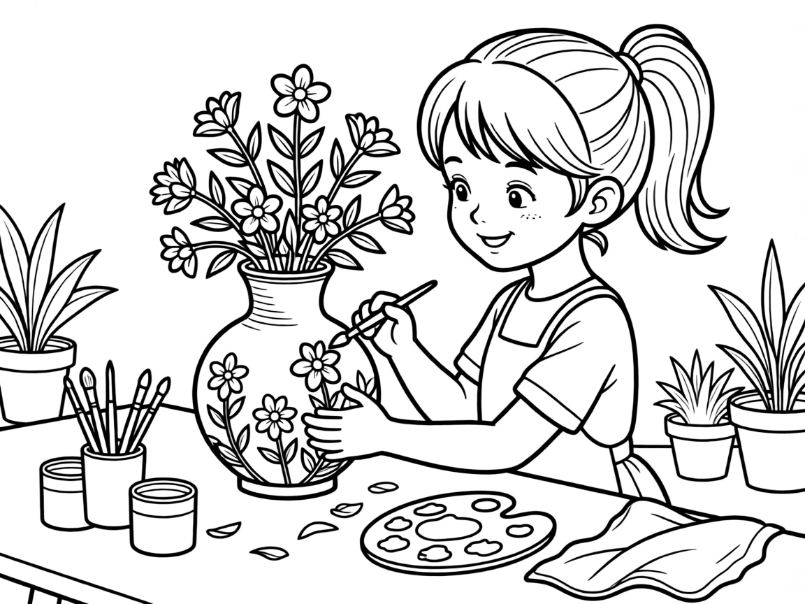 A ceramic artist paints tiny flowers onto a finished clay vase.