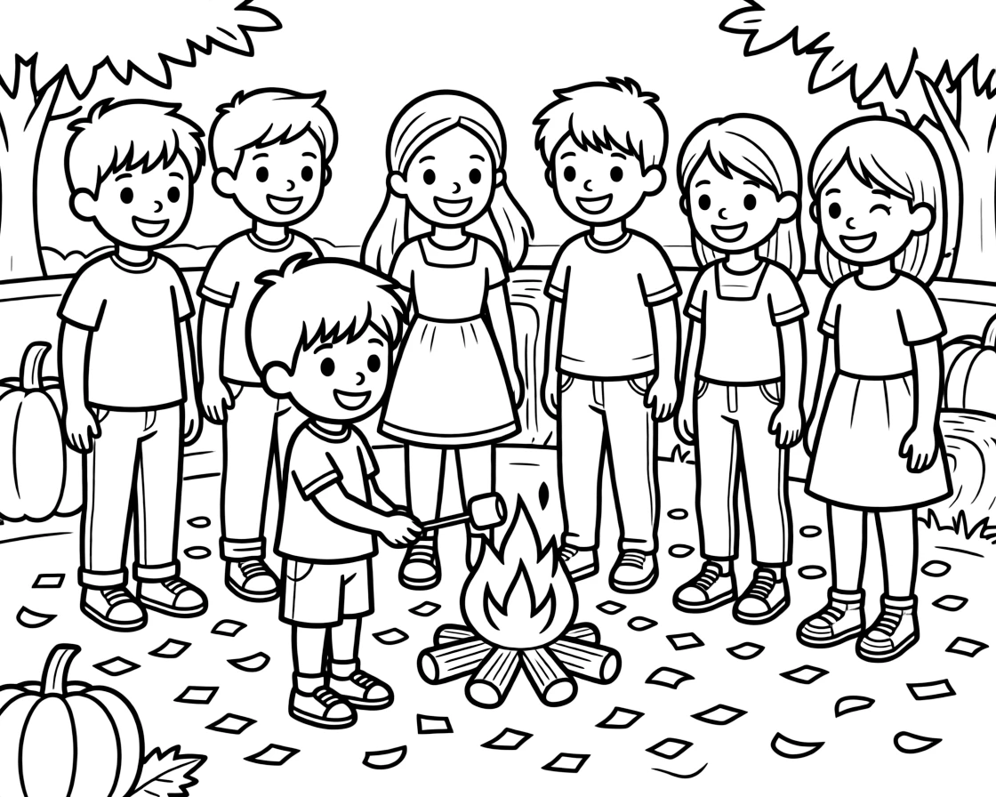 A shy toddler roasting marshmallows over a fire during a harvest festival with cousins of all ages with confetti scattered on the ground.