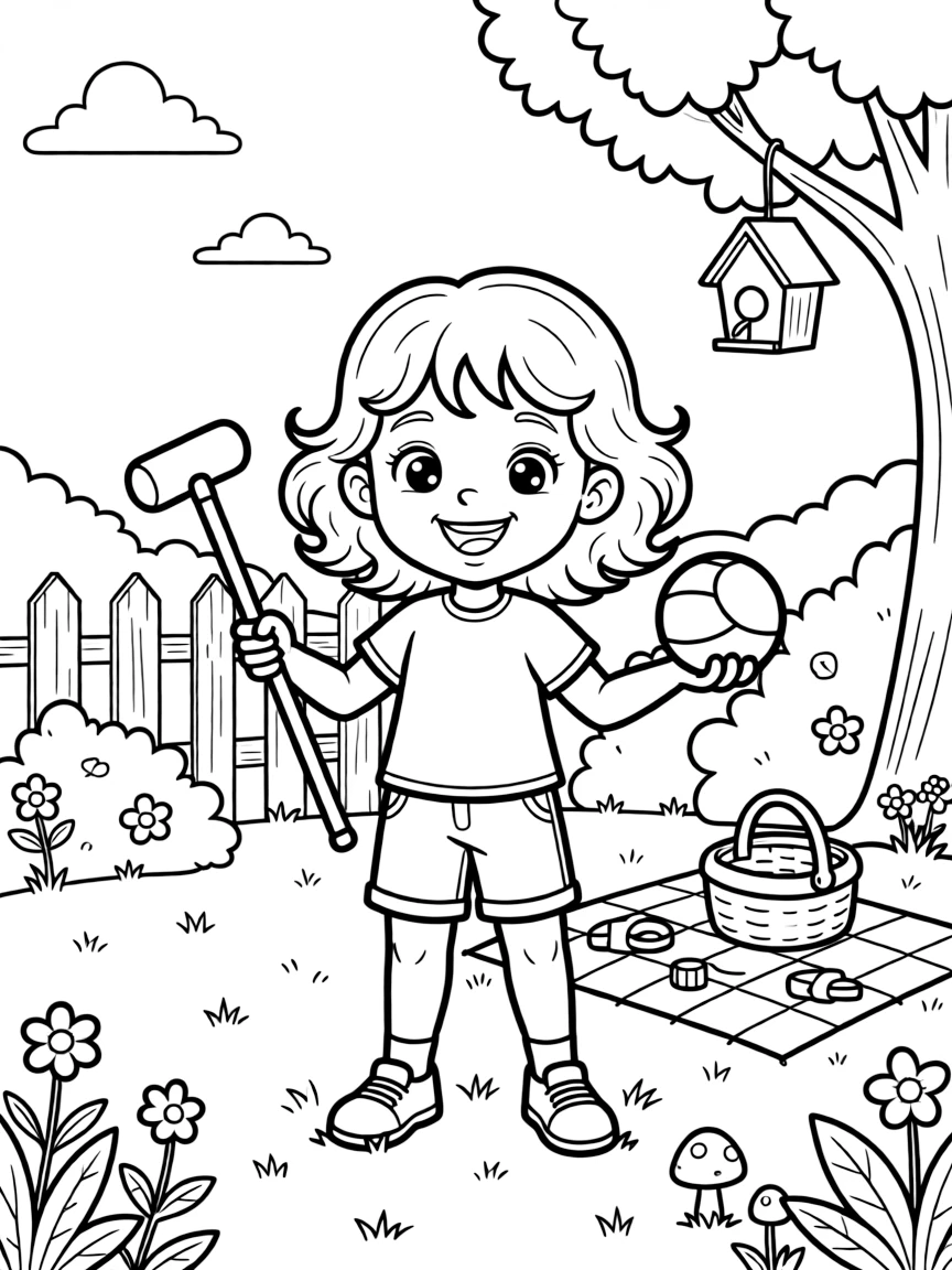 A little girl with curly hair, posing with a mallet and ball after winning a sunny backyard tournament.