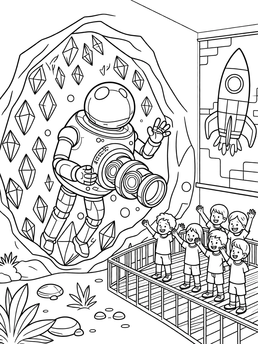 Nutsy, a bubble-blowing robot helping a stranded spaceship crew fix their engine with spare parts near a crystal cave glittering with rainbow-colored gems, surrounded by a group of kids waving from a nearby observation deck and a mural of a rocket ship painted on a nearby wall.
