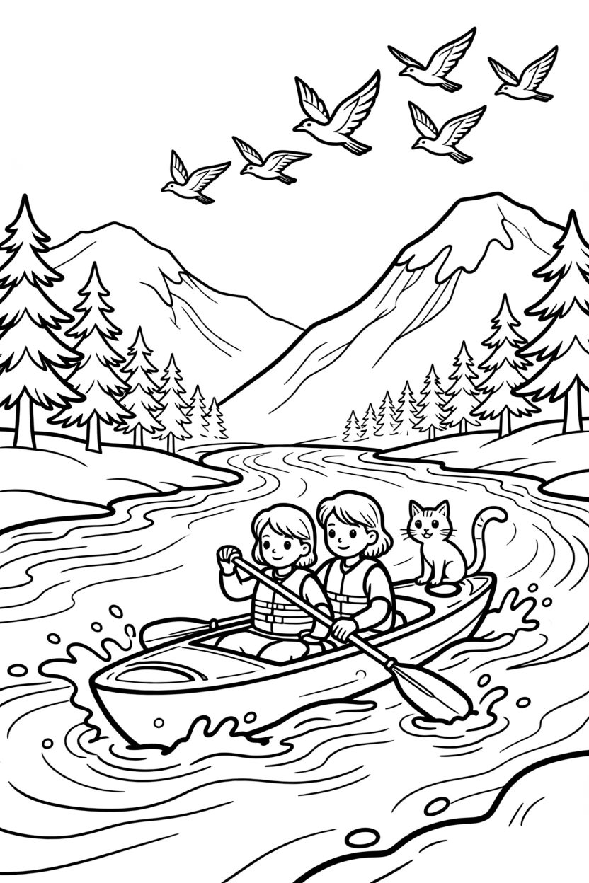 A two-person kayak paddling through rippling rapids takes center stage in a snowy mountain pass with pine trees dusted in white, where a curious cat perched on the hood can be seen nearby, surrounded by a flock of birds flying alongside in formation.