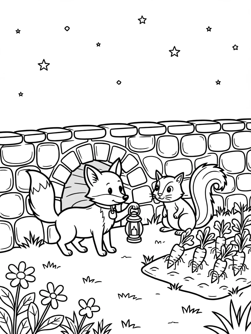 A tiny fox kit in a secret garden behind a stone wall, exploring a cave with a lantern beside a squirrel, next to a row of carrots, as stars begin to twinkle above.