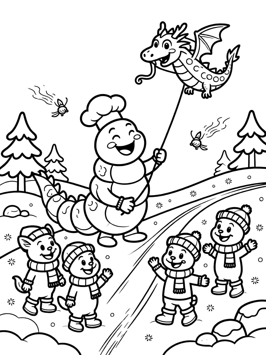 A bold caterpillar chef takes a break from adventures to try flying kites shaped like friendly dragons on a ski slope dusted with sparkling snow, with twinkling fireflies lighting up the path close behind. The whole crew is grinning from ear to ear.