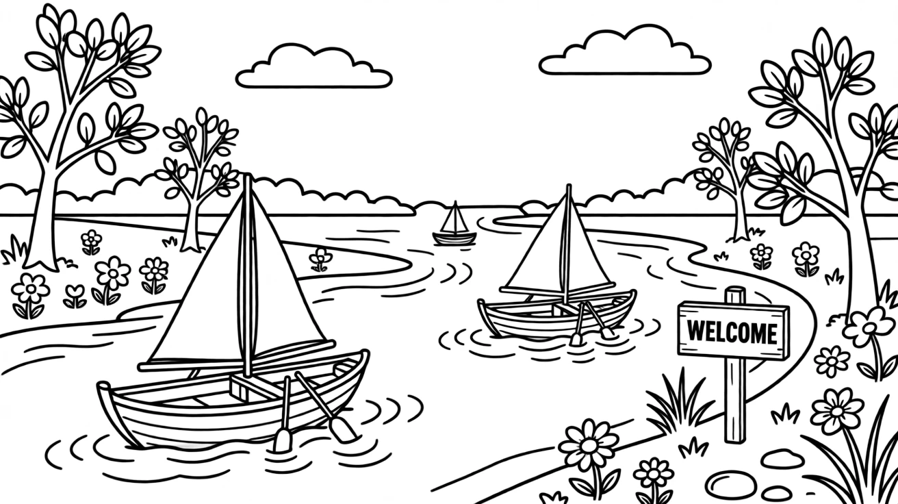 A coloring page inviting kids to explore Bangladesh through a wide river delta with wooden boats drifting along the water, with small trees, flowers, and a signpost welcoming visitors nearby.
