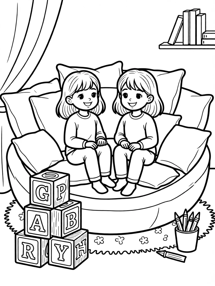 cheerful twin sisters sit in a cozy reading nook filled with pillows and spells out a word using wooden alphabet blocks stacked into a tower.