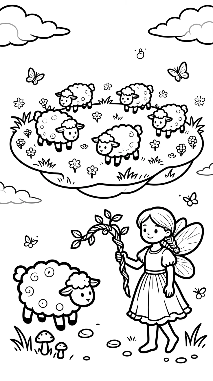 A pack of tiny cloud sheep graze on a floating meadow, herded gently by a fairy shepherd with a crook of woven vines.