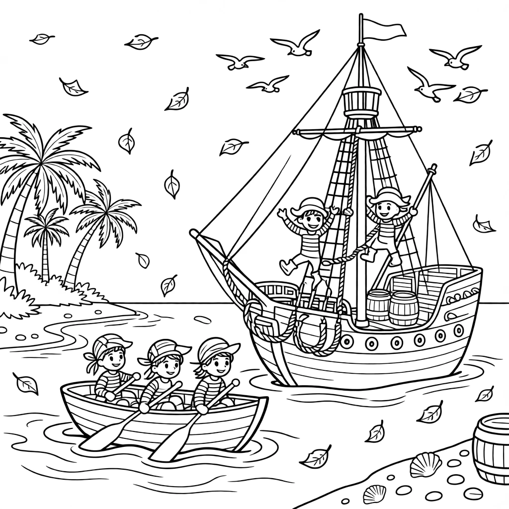 [Pirates] a pirate crew rowing a small boat climbing the rigging of a tall ship beside a palm-tree covered cove. In the background, seagulls circle above the mast, adding extra fun to explore. Coiled ropes and barrels sit on the deck. It all happens at sunrise, with autumn leaves swirling in the wind.