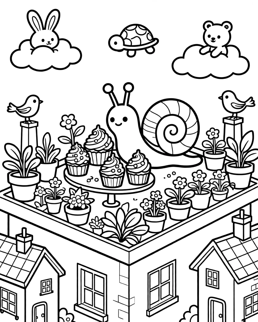 A snail with a spiral shell is decorating cupcakes with sprinkles and swirls of frosting on a rooftop garden overlooking a small town. Scattered nearby, fluffy clouds shaped like little animals and friendly songbirds perched close by give the moment a cozy feel.