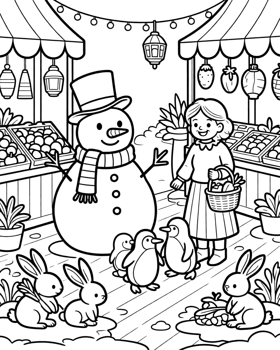 A snowman wearing a top hat and scarf in a bustling indoor market glowing with warm lights, alongside a cheerful grandmother and a trio of playful penguins, with a family of snow-covered rabbits close by.