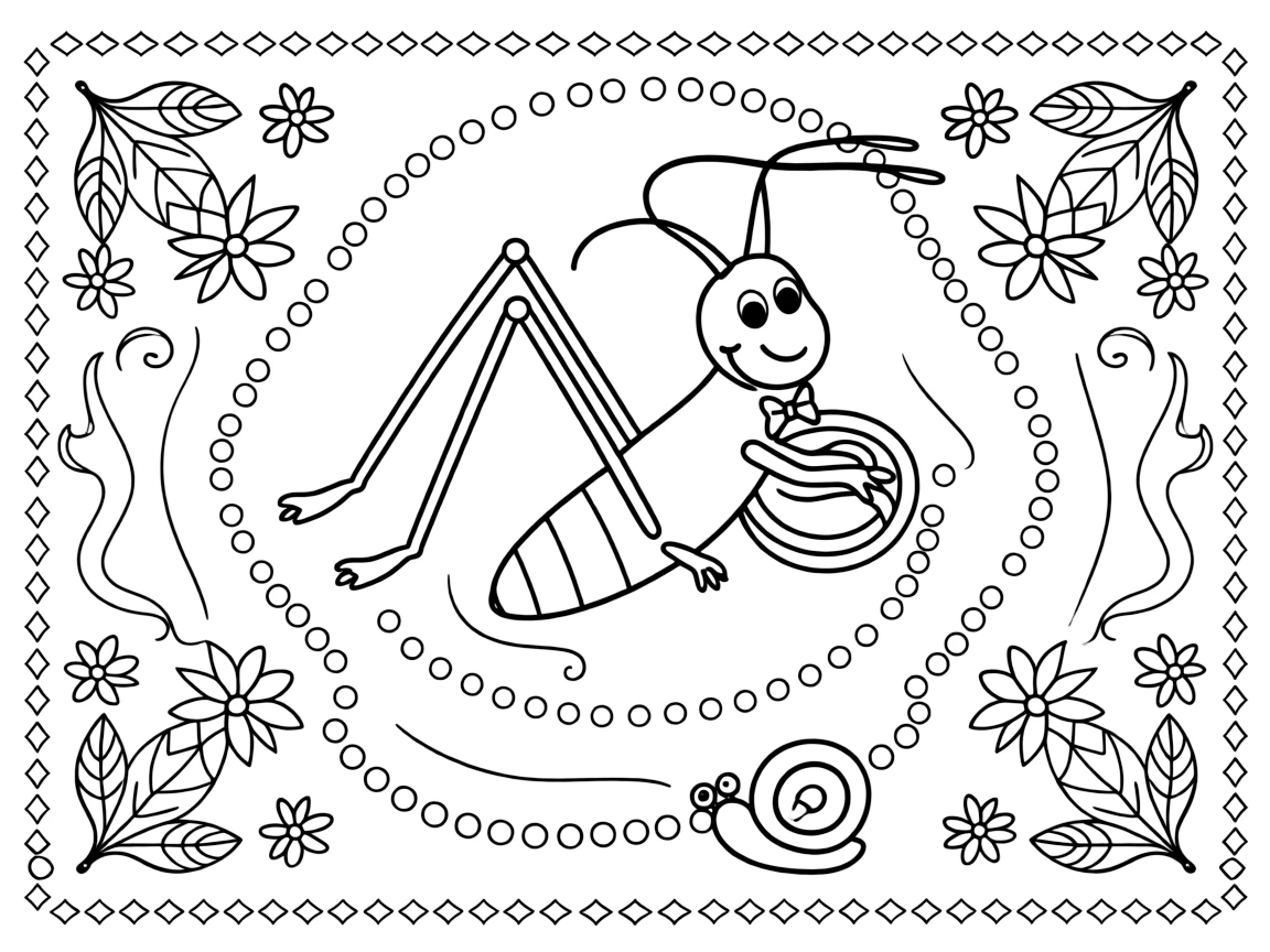 Insects & Bugs: The page presents a small themed scene built around a cheerful cricket mid-hop with long back legs, tied together by a set of perfectly matched concentric rings. The scene is arranged in a mirrored scene, with matching elements balanced on the left and right halves of the page. Decorative details fill the surrounding space, including a repeating chain of small diamonds, a trail of evenly spaced dots, and flame-shaped tips curling upward woven throughout the background. A playful extra touch completes the page: a little snail resting quietly on one of the larger shapes.