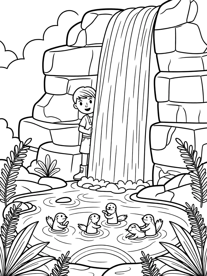 [Waterfalls] A brave young explorer stands behind a curtain of falling water, peeking out at a hidden jungle path. A family of otters plays in the swirling water at the base of the falls. The waterfall tumbles over layered rocky ledges into a clear turquoise pool ringed with ferns. Soft morning light glows through the mist, casting a gentle rainbow over the pool.