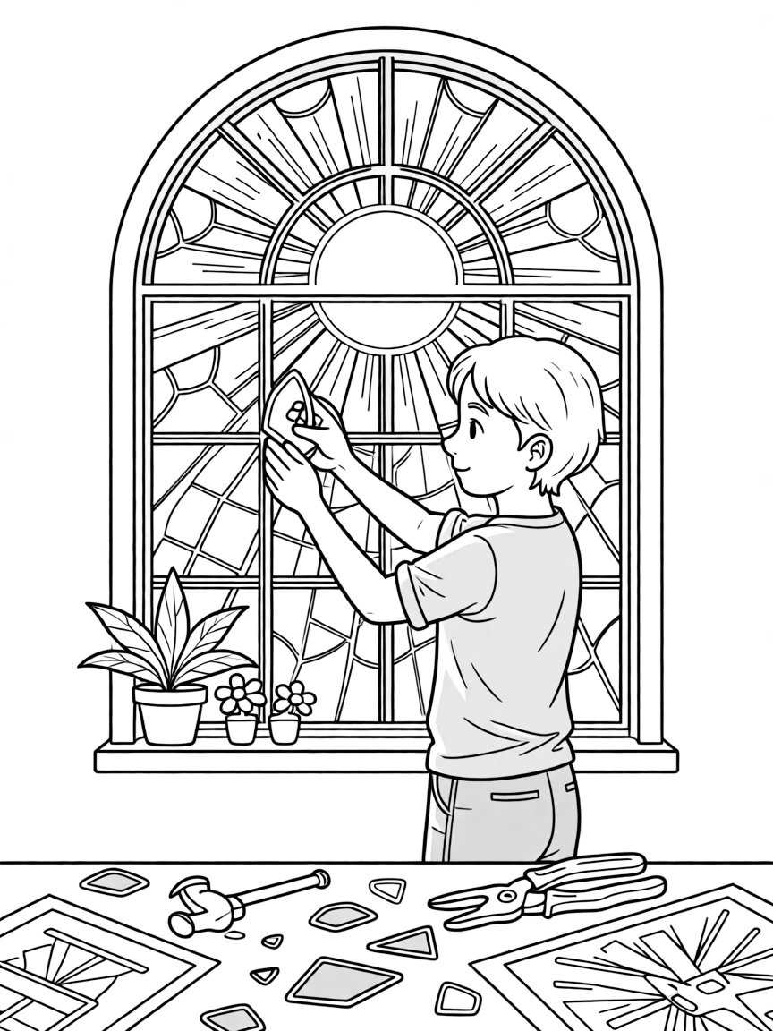A stained glass artist arranges colorful glass pieces into a sunlit window pattern.