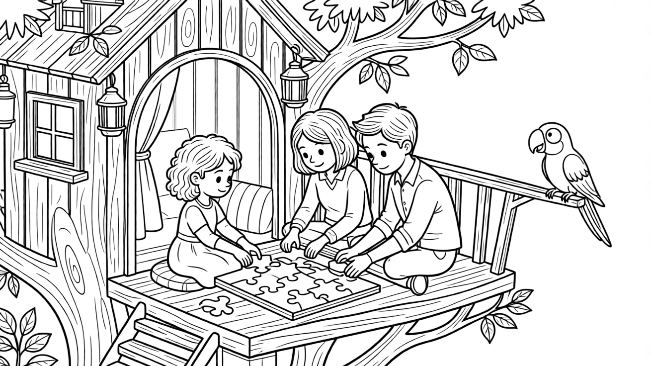 A curly-haired girl putting together a puzzle with a mom and dad in a treehouse while a parrot squawks from a perch.