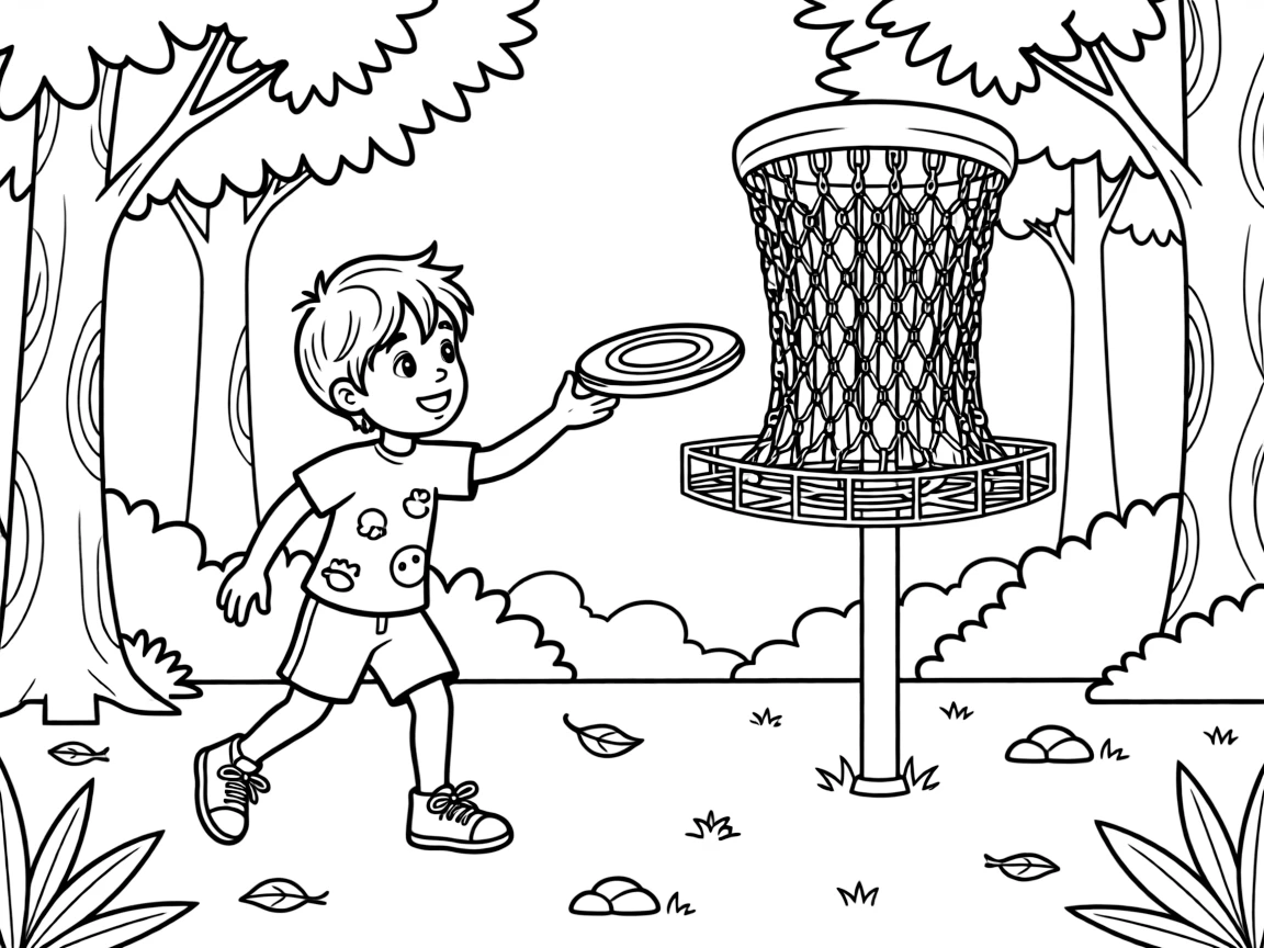 A cheerful young boy, throwing a flying disc toward a metal chain basket across a wooded course.