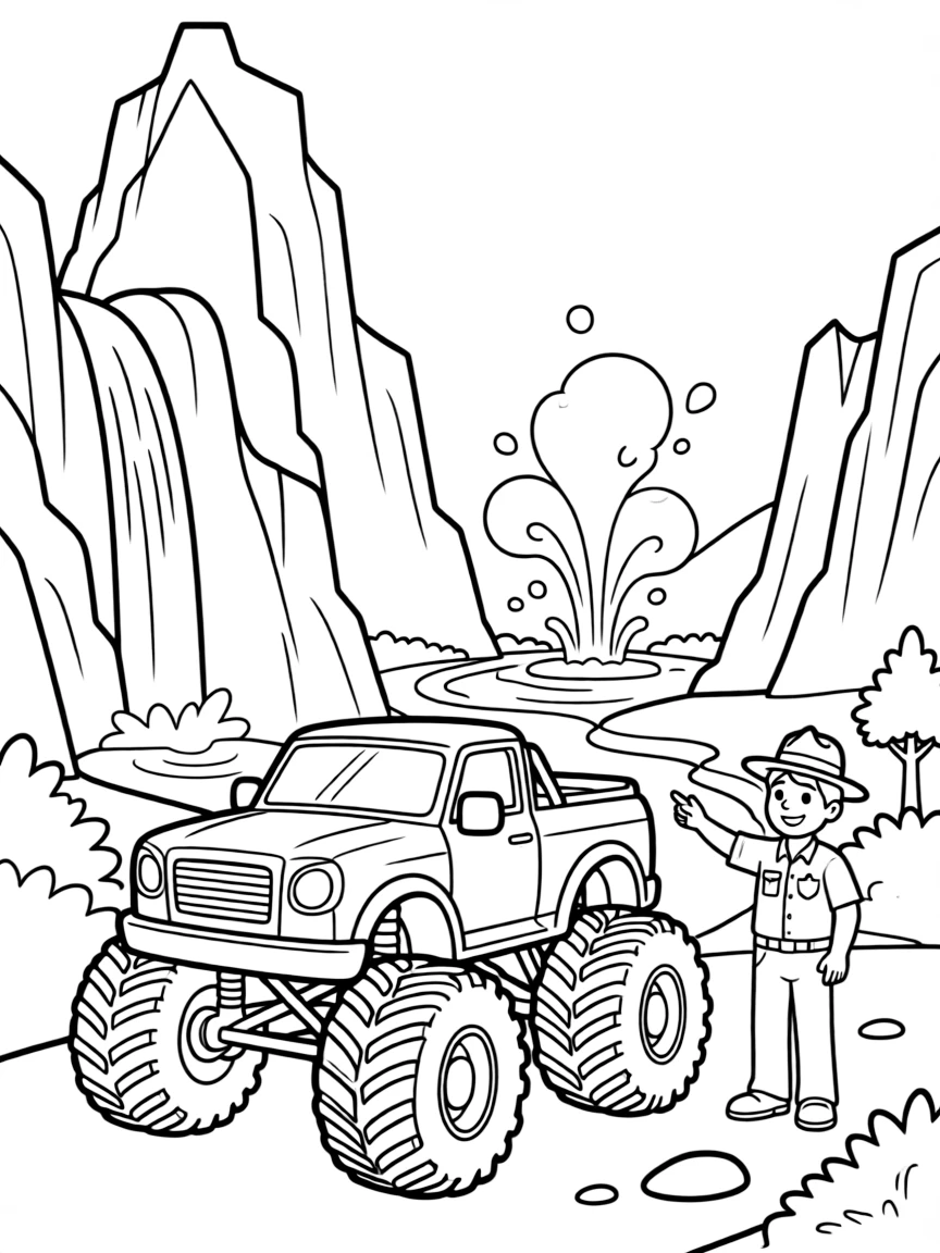 A monster truck with oversized knobby tires is shown journeying through a national park with towering waterfalls and rocky cliffs, with a park ranger pointing out something in the distance close by and a bubbling geyser shooting up in the distance completing the lively scene.